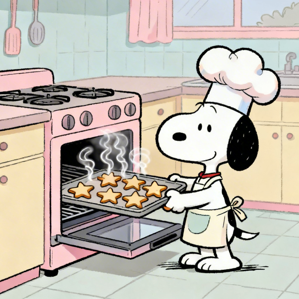 AI Snoopy style beagle baking cookies in a kitchen