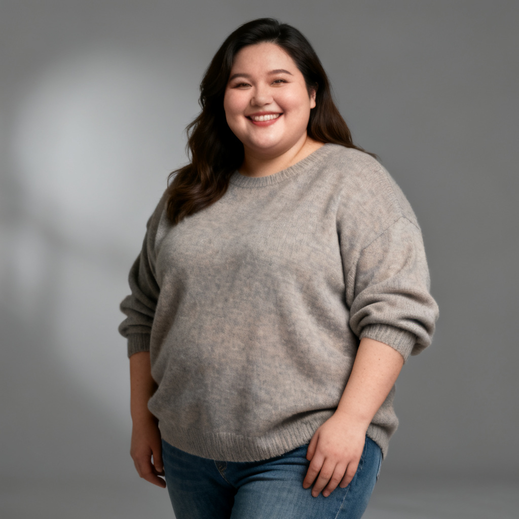 AI-generated plus-size portrait smiling in soft studio light