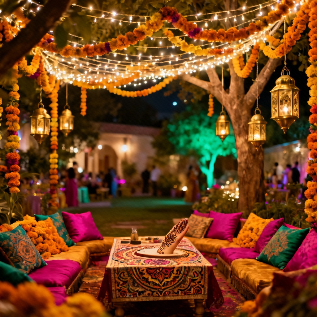AI mehndi ceremony courtyard with marigold decor and lights