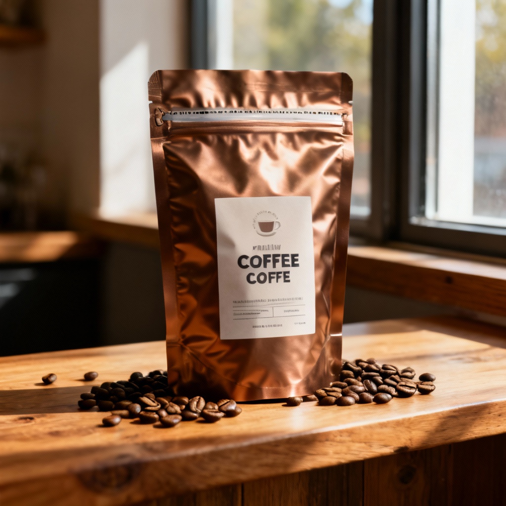 AI coffee packaging pouch mockup with beans