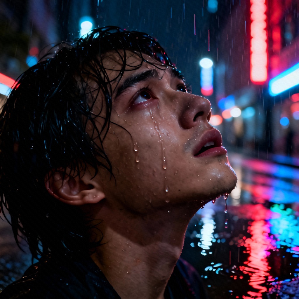 AI rainy night crying scene with neon reflections