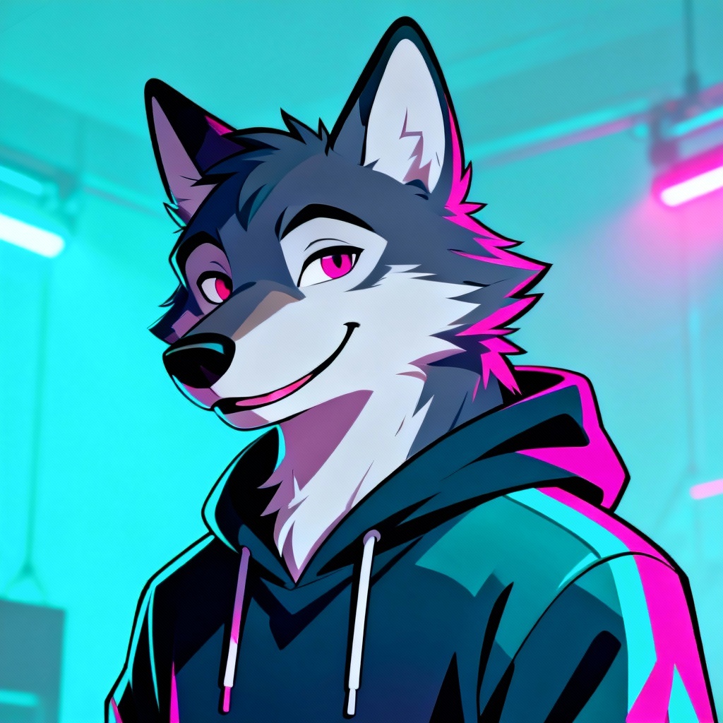 AI neon wolf fursona portrait in streetwear with vibrant lighting
