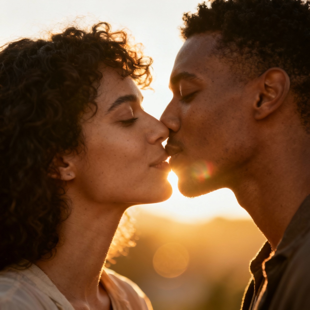 AI couple kiss at golden hour