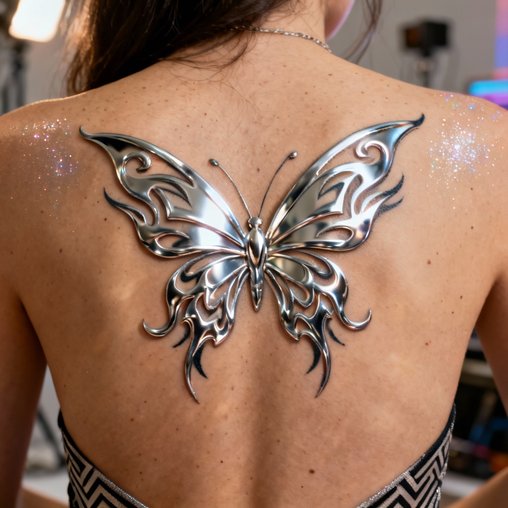 Y2K chrome butterfly lower back tattoo mockup