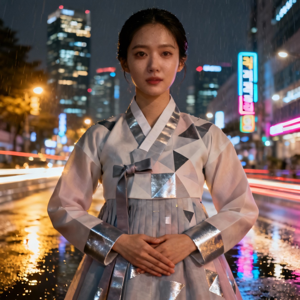 AI Korea generator hero image of a modern hanbok portrait with Seoul night skyline