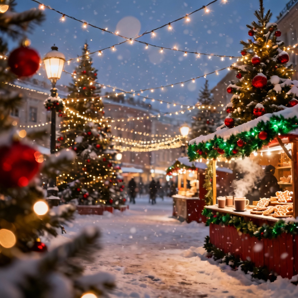 Festive snowy town square holiday background