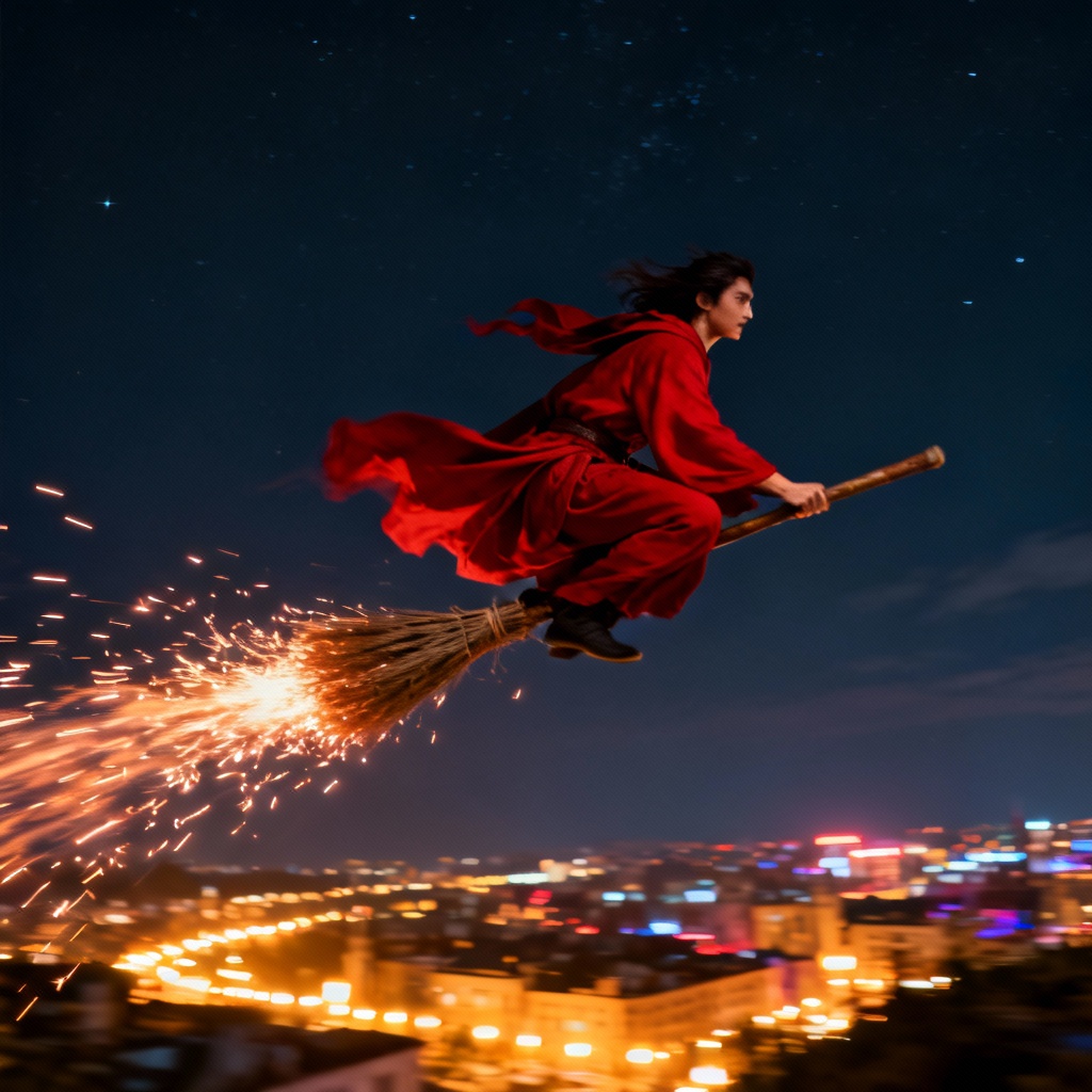 AI Gryffindor broom flight in scarlet robes