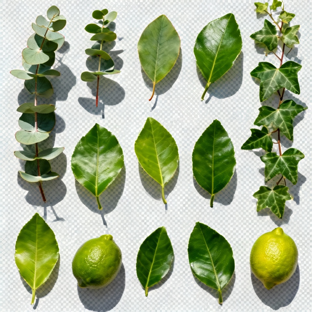 AI transparent PNG of assorted green leaves flatlay