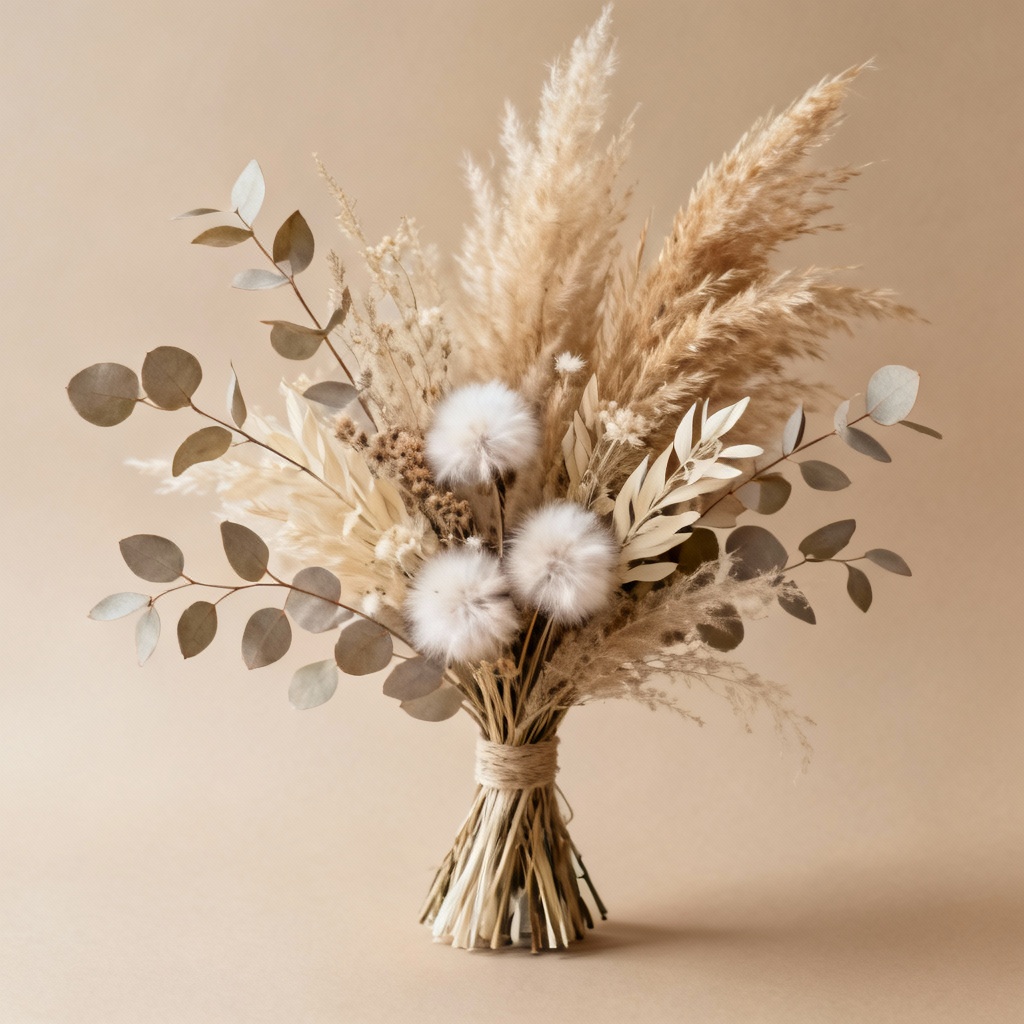 Neutral boho dried flowers bouquet with pampas grass