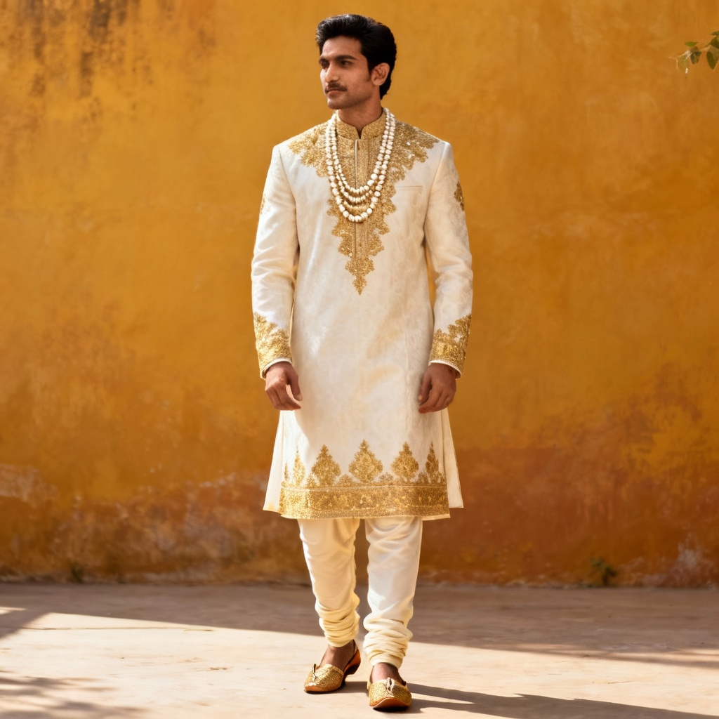 Indian groom in ivory sherwani with gold embroidery