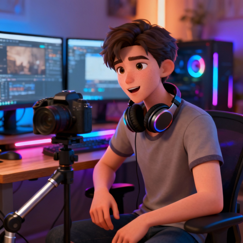 Tech reviewer style digital influencer in a desk setup