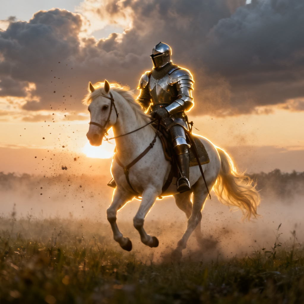 AI image of a knight riding a white horse at sunrise