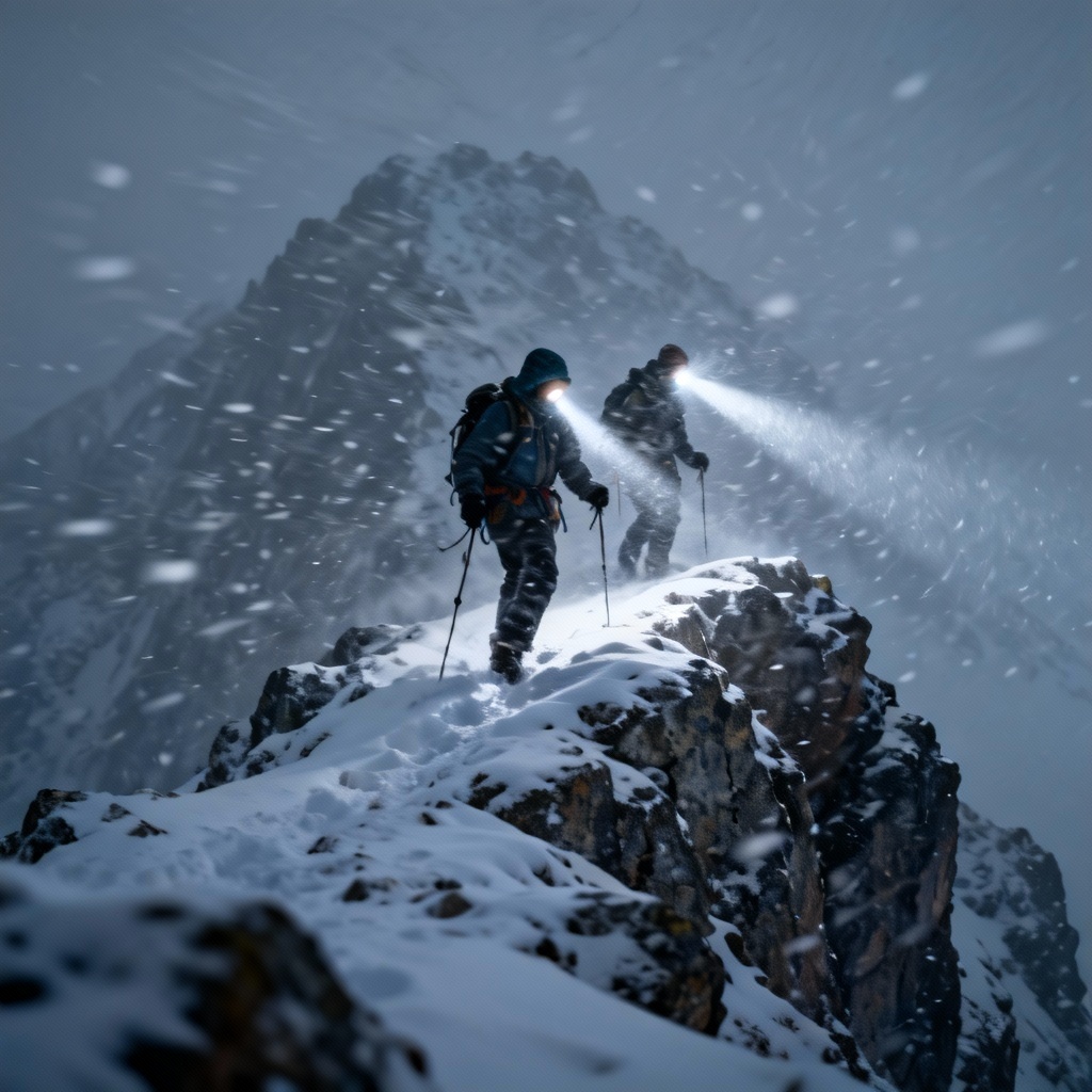 AI blizzard mountain expedition scene