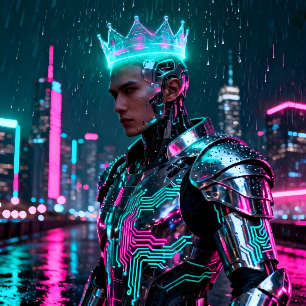 Futuristic cyber overlord with neon circuits and city skyline