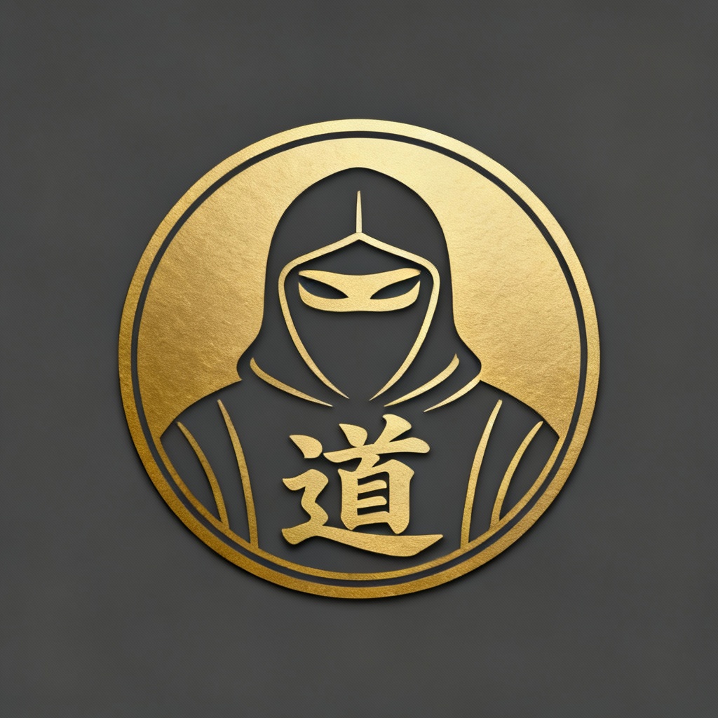 AI dojo crest logo with ninja hood and kanji