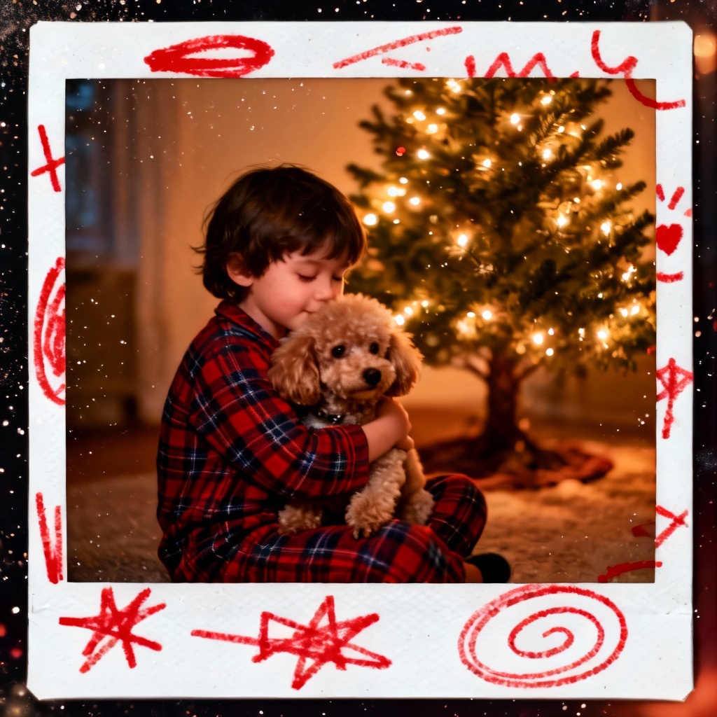 Polaroid of a child hugging a poodle by a holiday tree