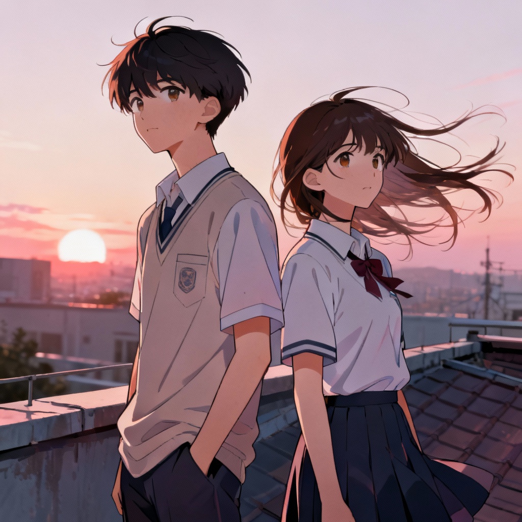 AI manhwa cover art with two characters on a rooftop at sunset