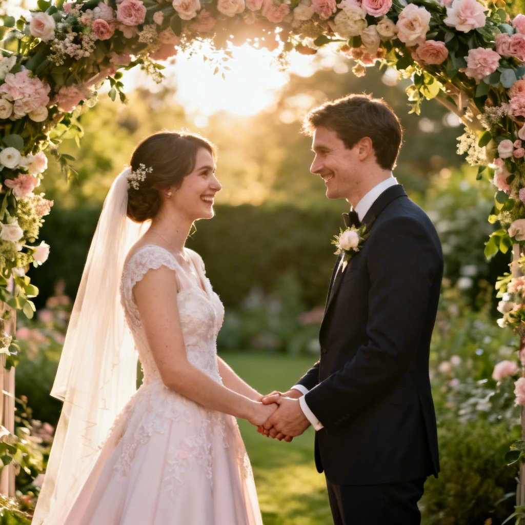 AI happy garden wedding vows under floral arch