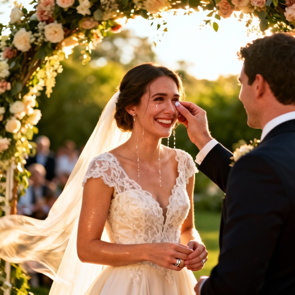 AI portrait of joyful wedding tears with soft natural light