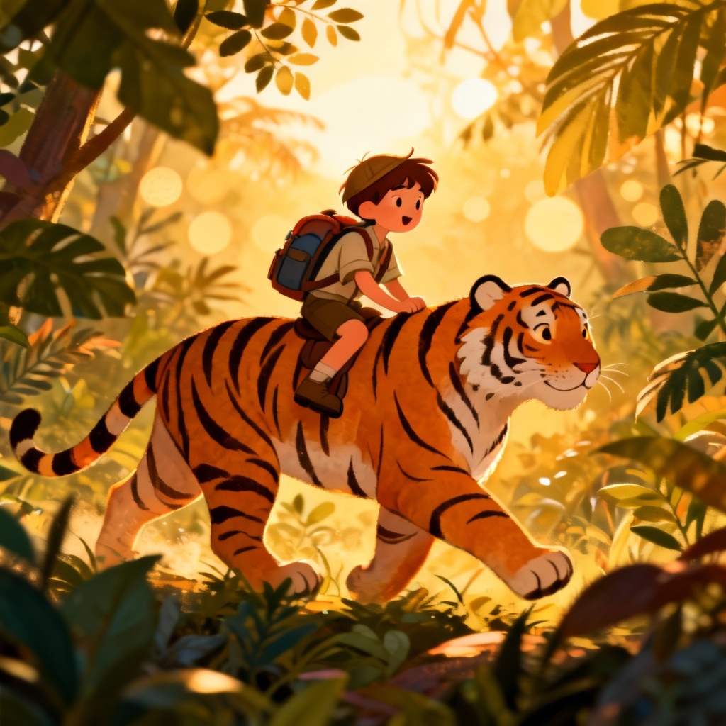 AI Jungle explorer riding a tiger