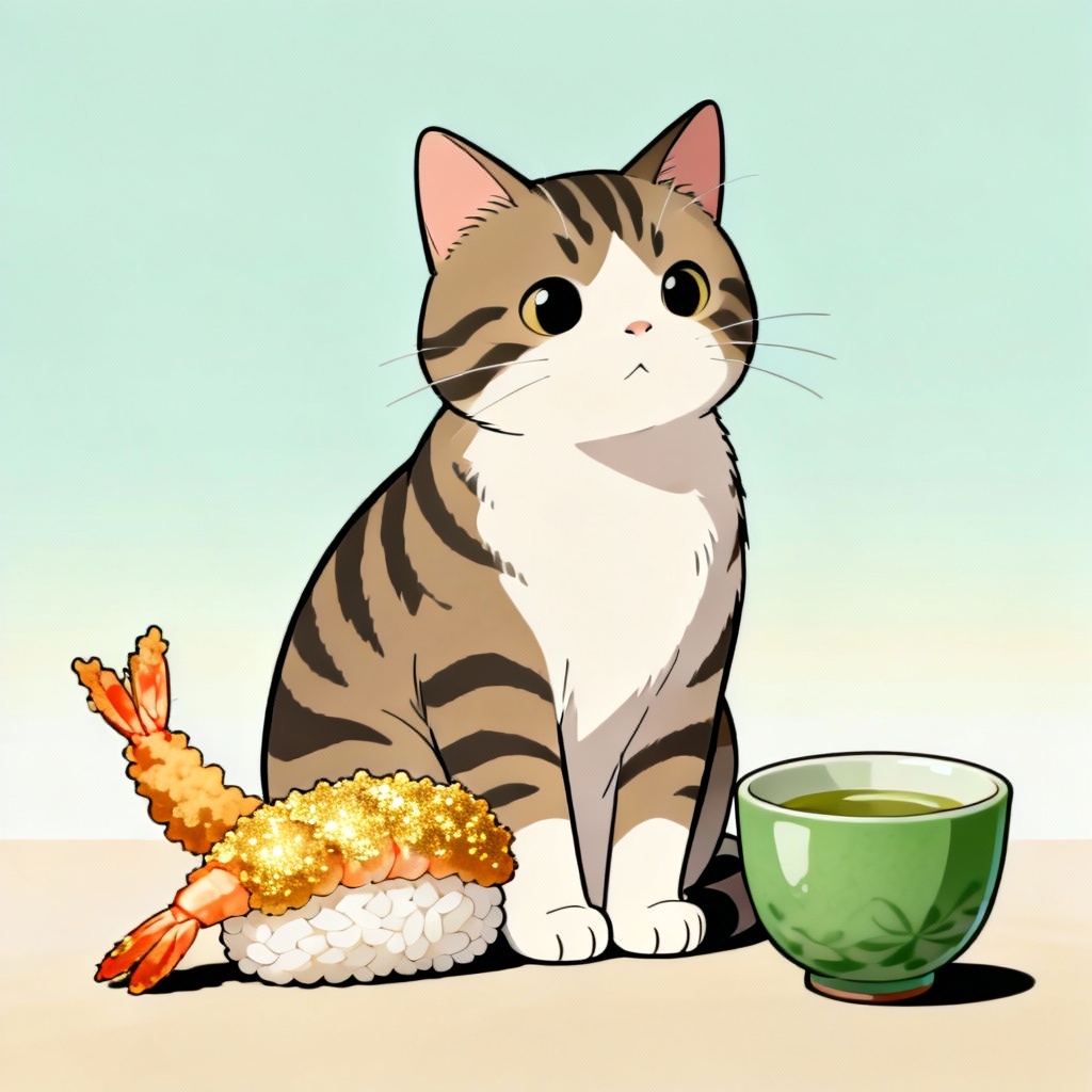 Tabby cat with tempura shrimp tail