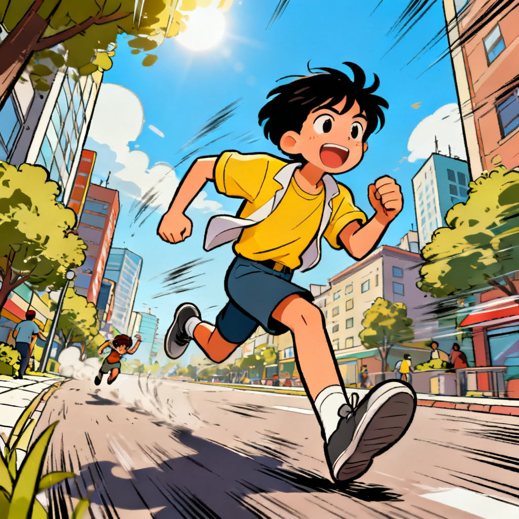 AI animated cartoon scene with 2D city chase and bold outlines