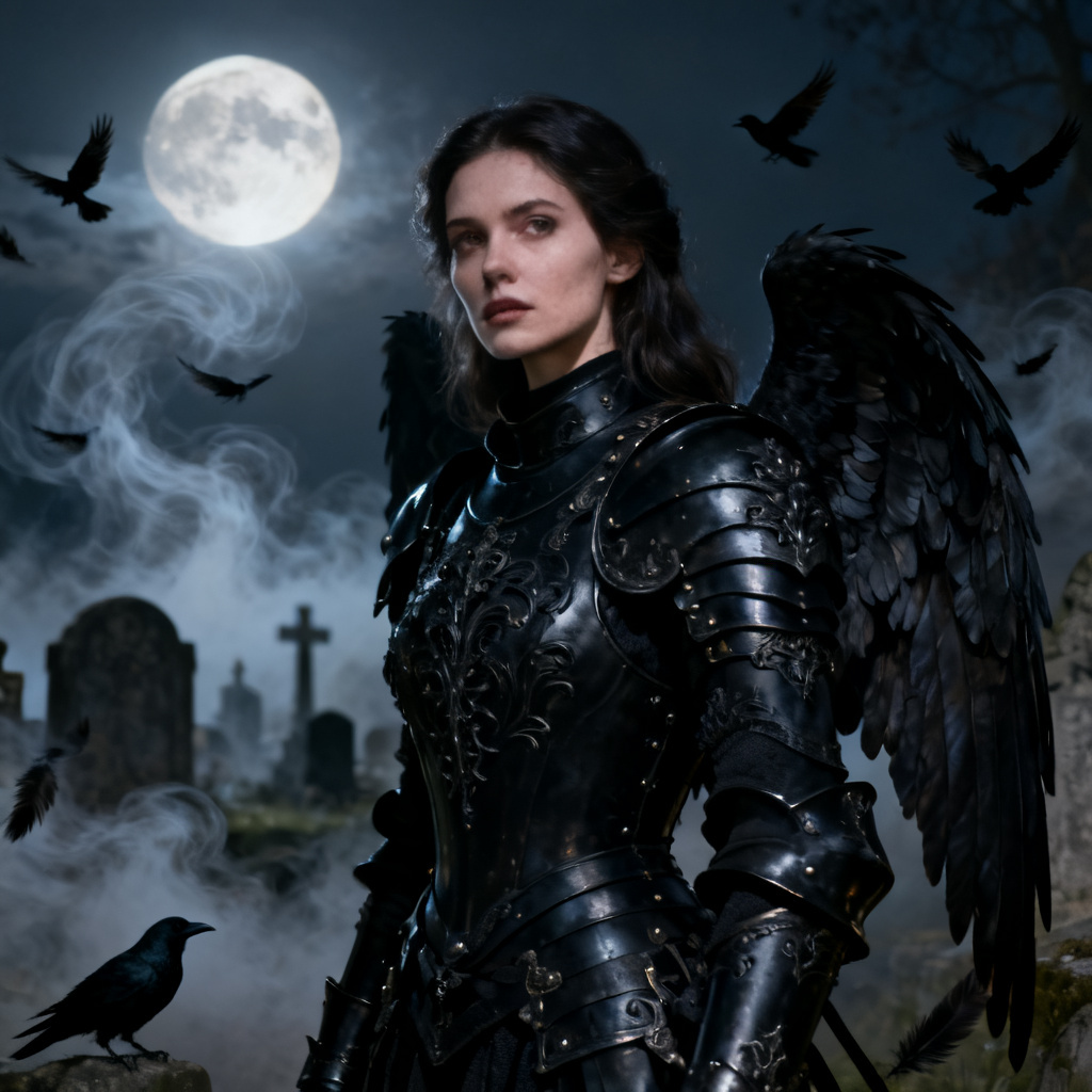 AI Midnight Seraph dark angel portrait in moonlit graveyard