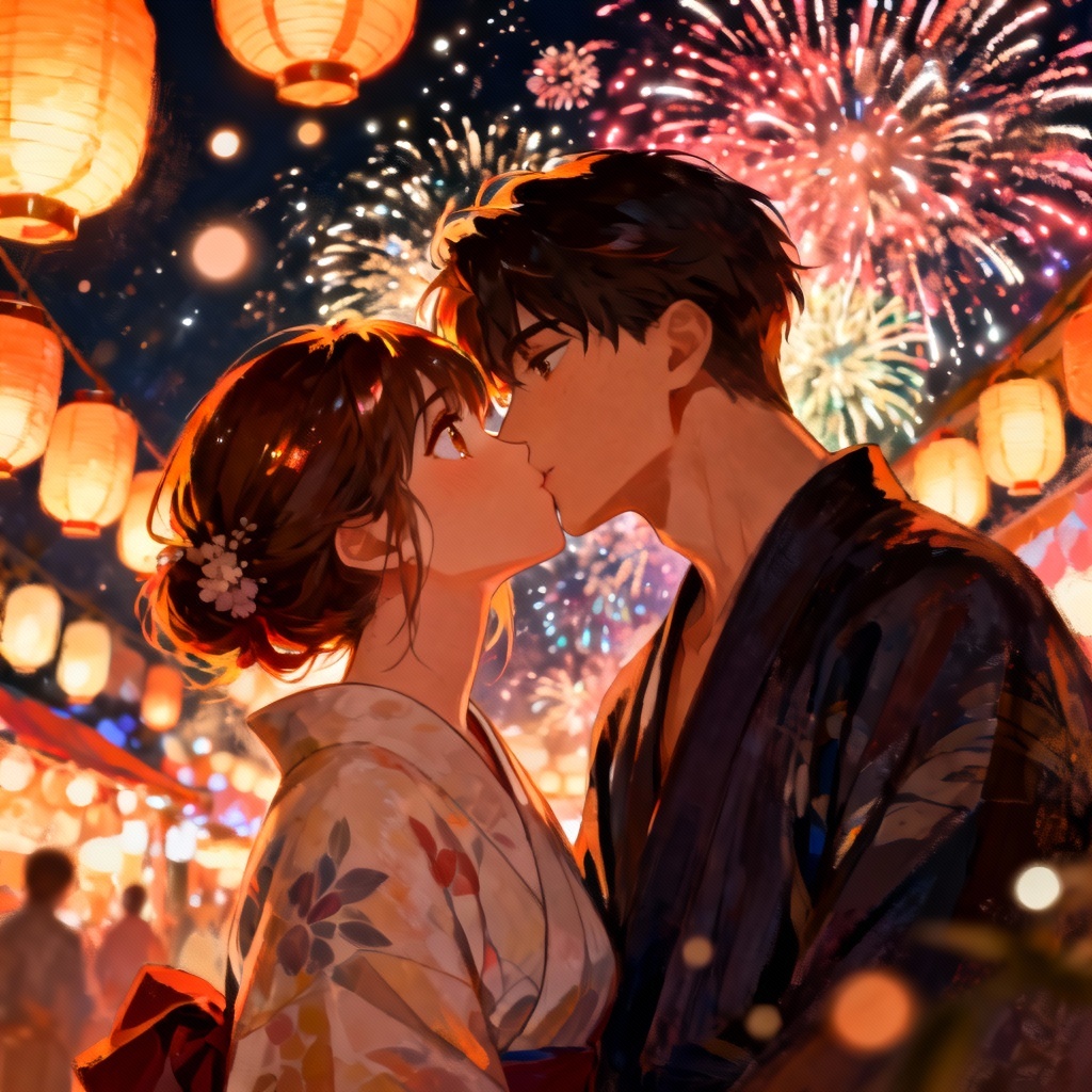 Festival fireworks anime kiss in yukata
