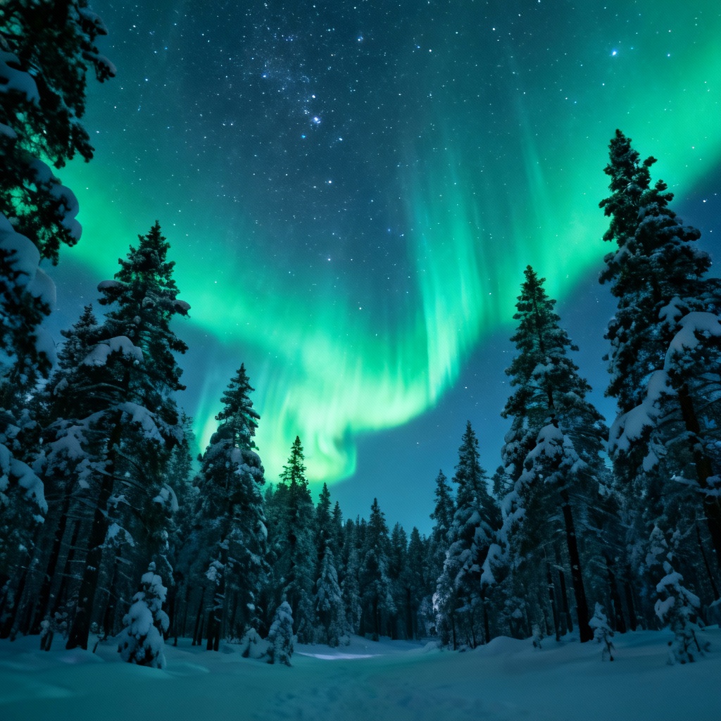 AI snowy conifer forest with northern lights