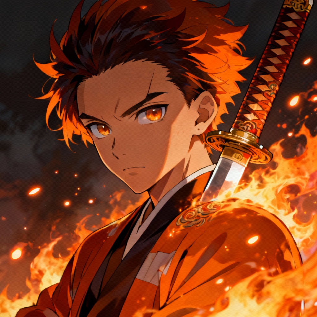 AI flame swordsman portrait in Demon Slayer style