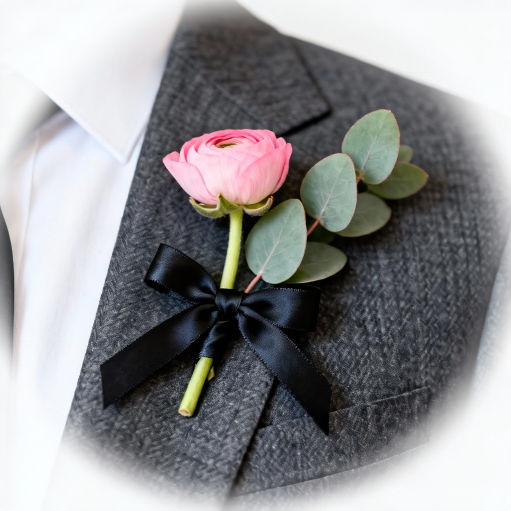 AI minimalist greenery boutonniere on charcoal suit