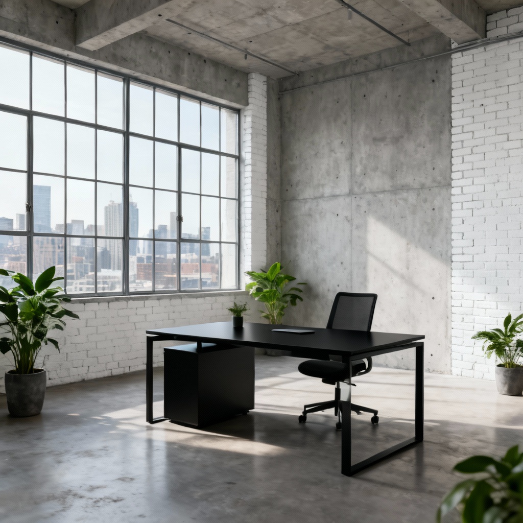 AI minimalist urban loft office interior with large windows