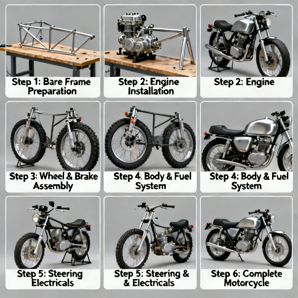 AI storyboard showing full motorcycle assembly sequence