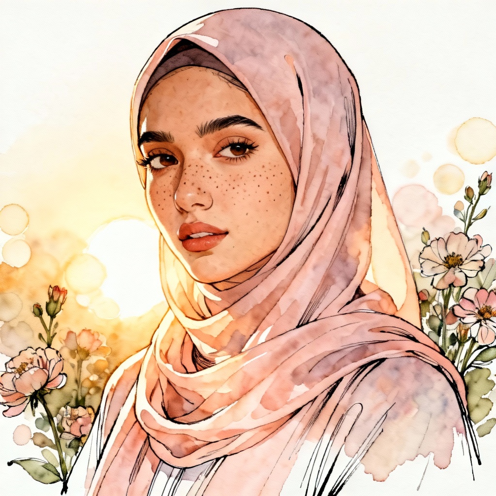 AI hijab watercolor portrait with golden hour light