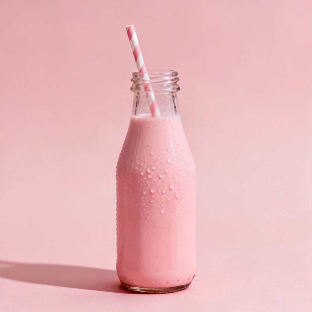 AI retro strawberry milk bottle with straw