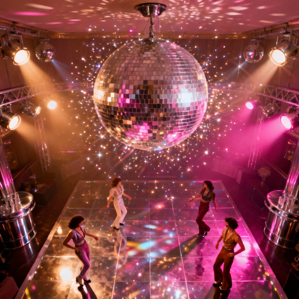 AI retro disco night with mirror ball and sparkles