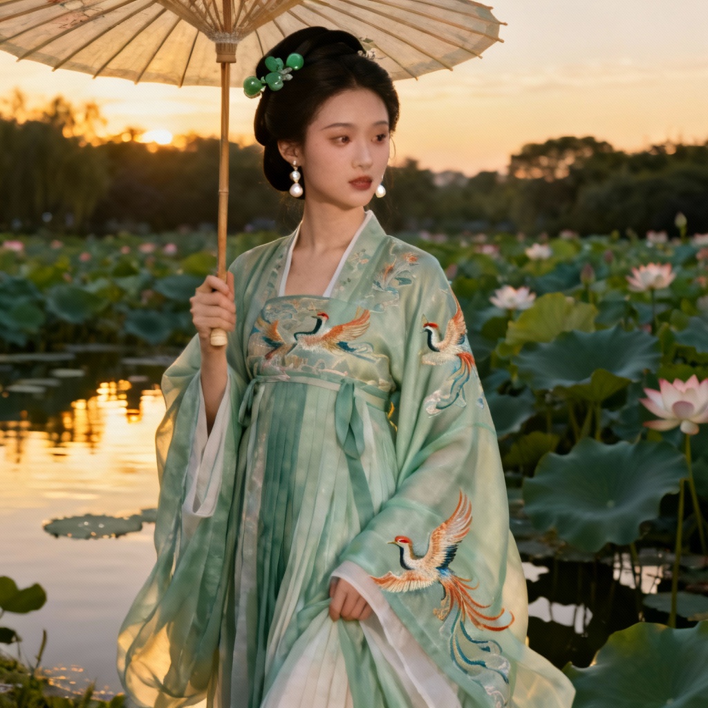 AI portrait in traditional Chinese hanfu with lotus pond background