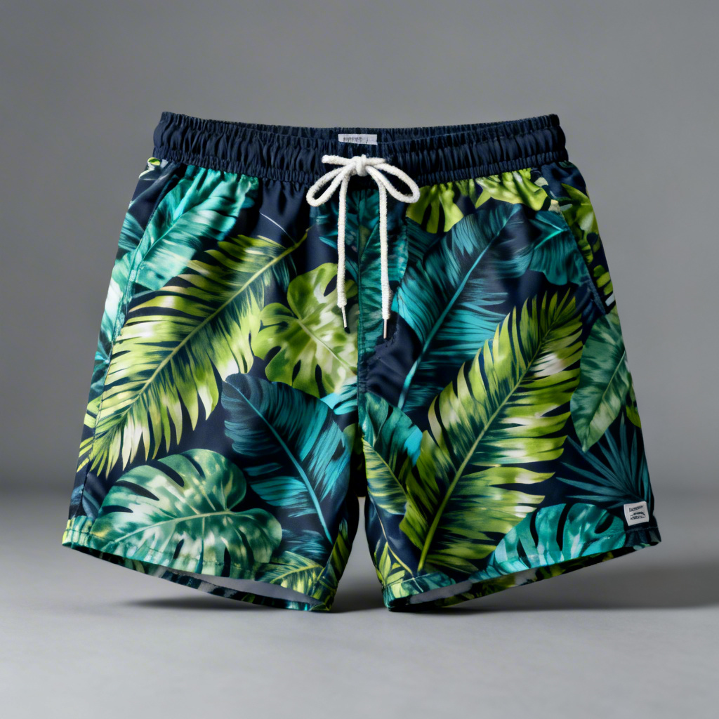 AI chubbie swim suits mockup with bold tropical print