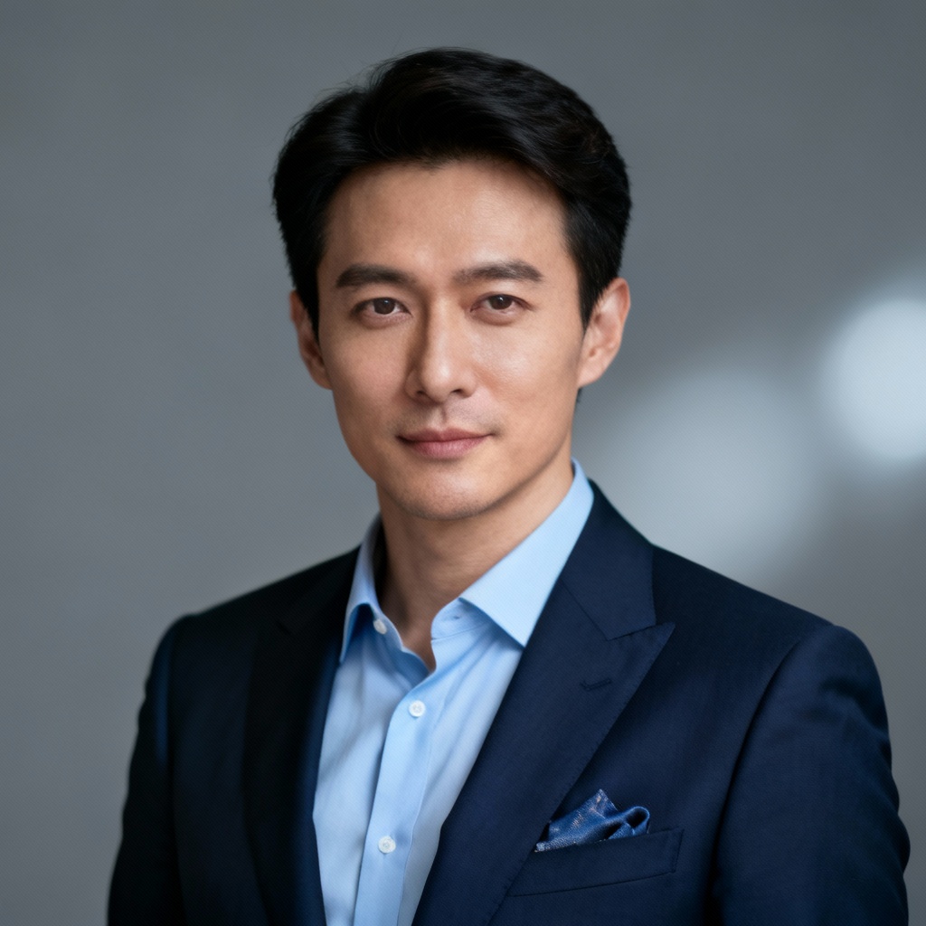 AI modern corporate headshot styling with navy suit