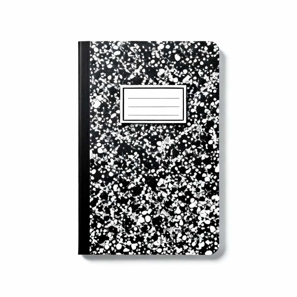Composition style notebook cover with label