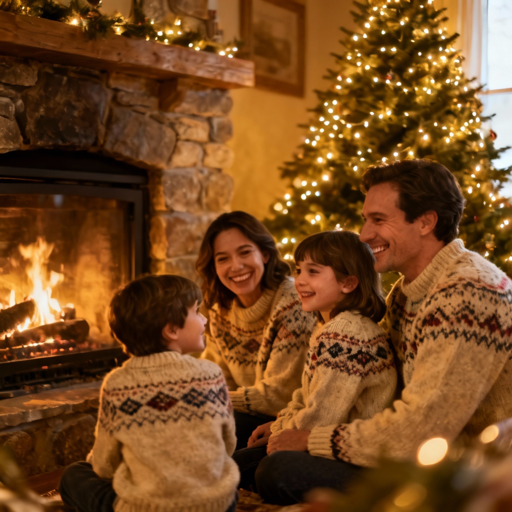 AI family Christmas photo by fireplace