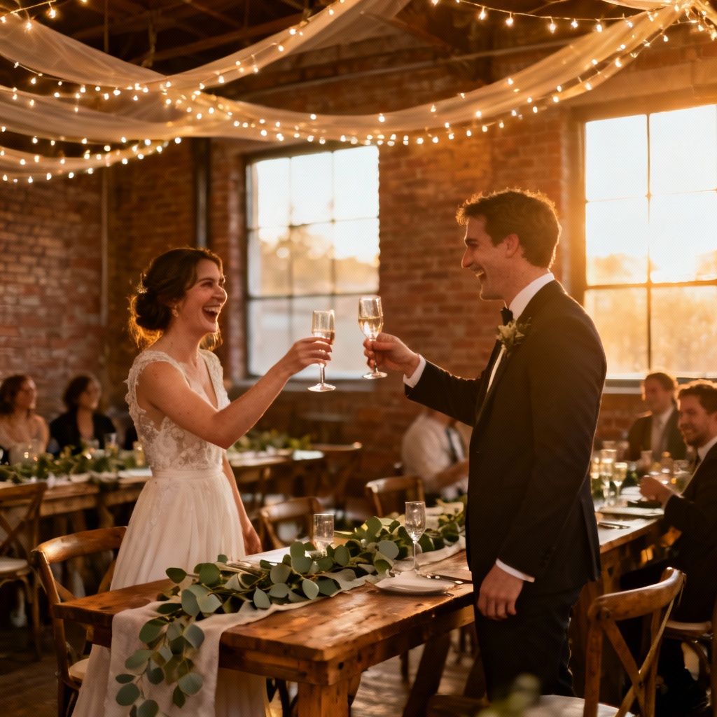 AI rustic loft indoor wedding reception with string lights