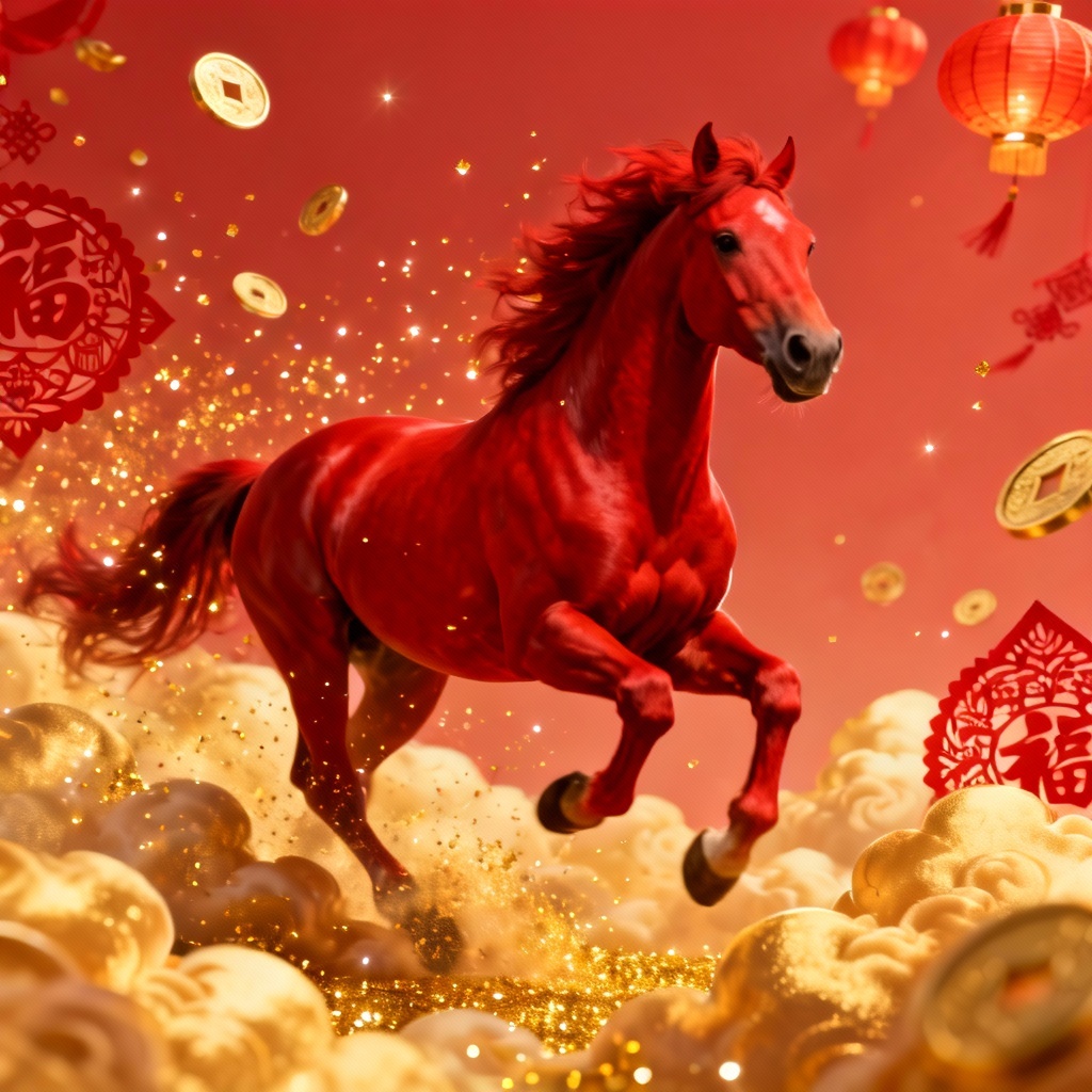 AI red horse luck illustration with gold clouds and prosperity symbols