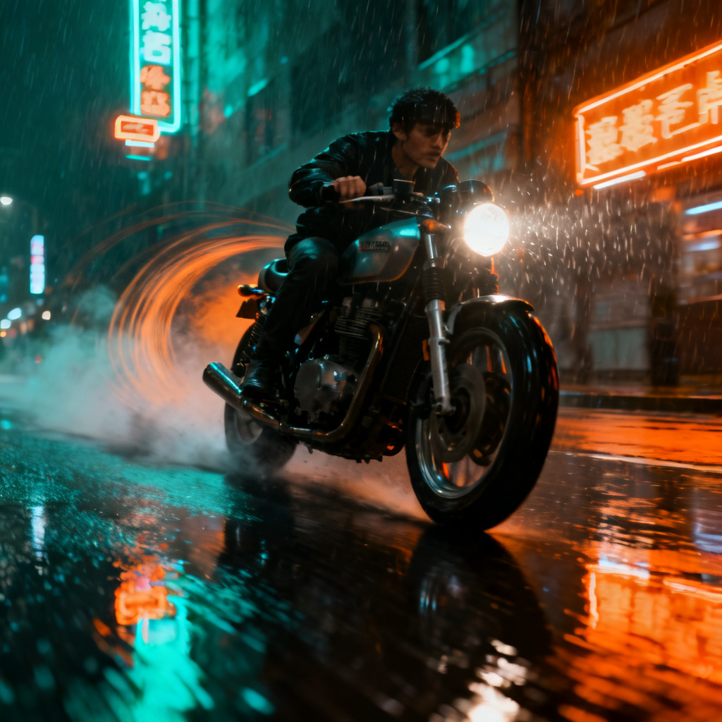 AI cafe racer animation drifting on wet street