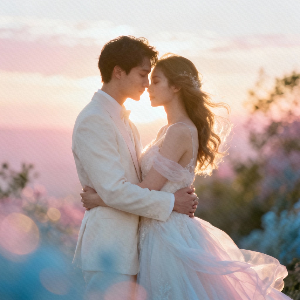 Romantic wedding photo with soft dreamy glow