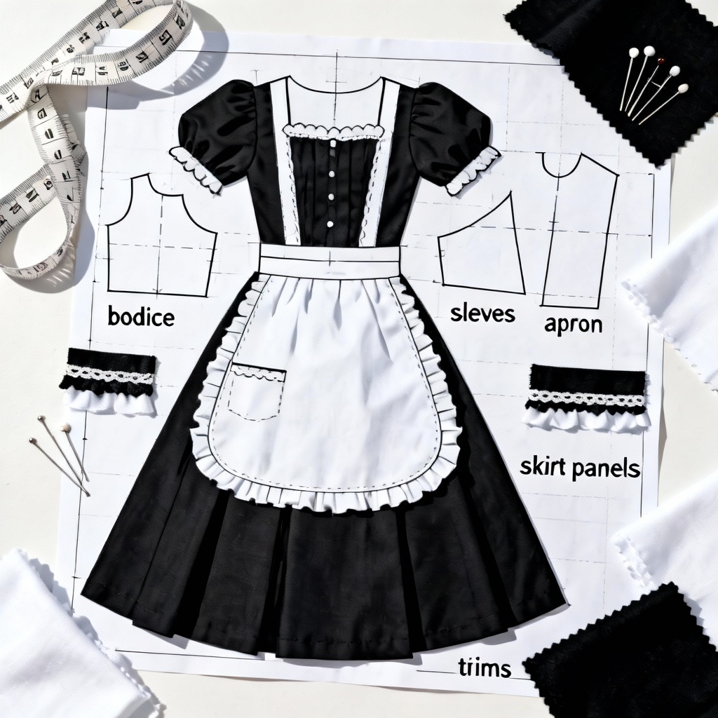 AI flat lay sewing pattern for classic maid dress and apron