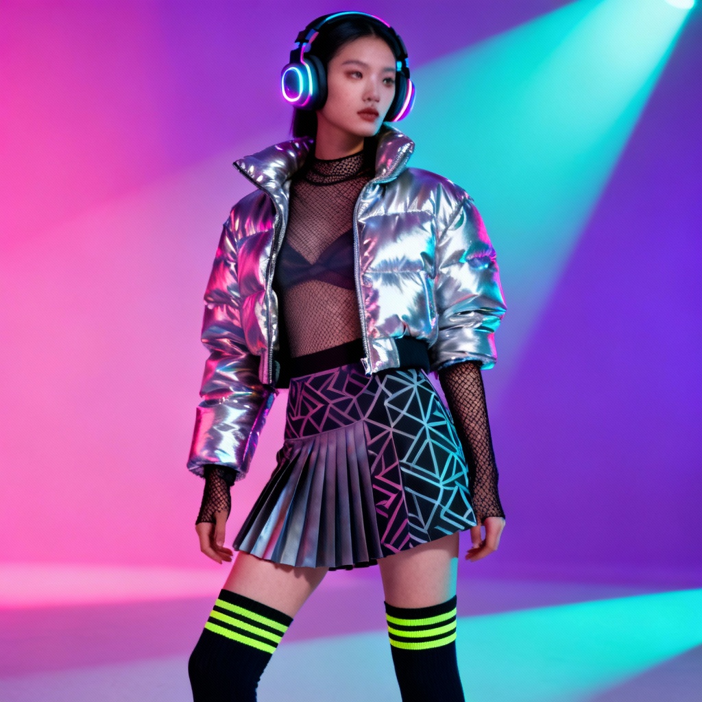 AI cyber y2k techwear mix try-on with metallic puffer