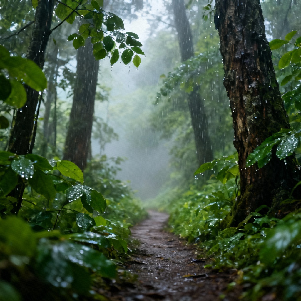 AI rainy forest trail with mist and drizzle