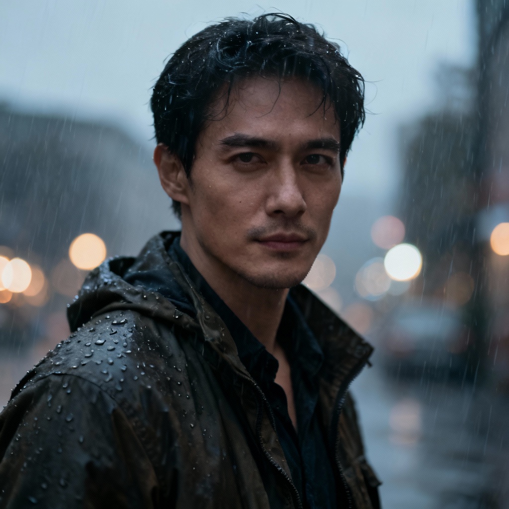 AI cinematic portrait in rain with moody color grade and bokeh