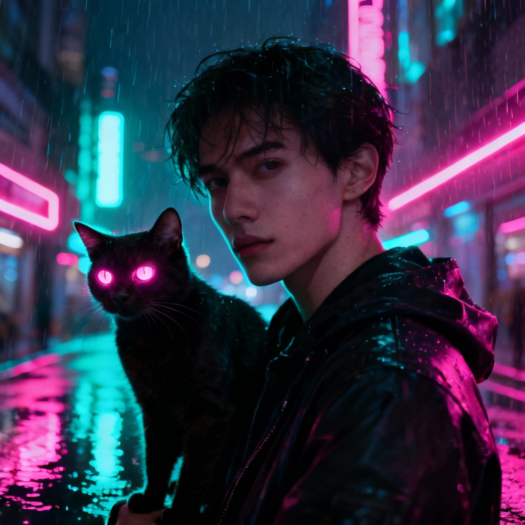 Cyberpunk me and cat neon city vibe